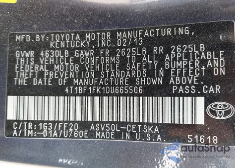 2013 Toyota Camry Se из США, поврежденный, VIN 4T1BF1FK1DU665506